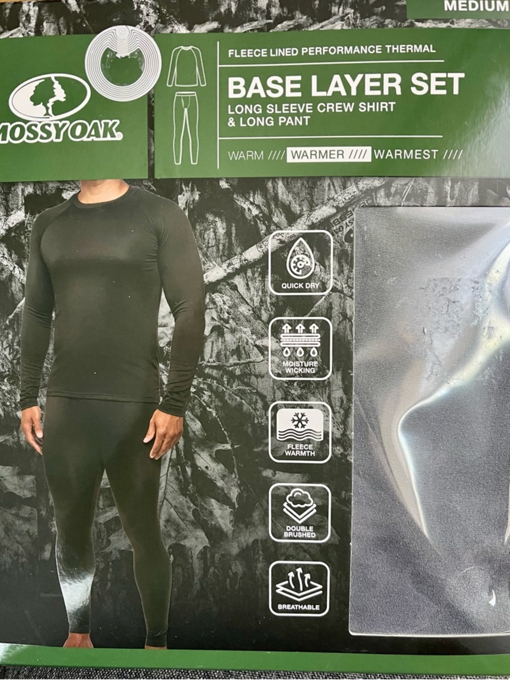 Mossy Oak Black Fleece-Lined Base Layer Set - Long Sleeve Crew & Long Pant